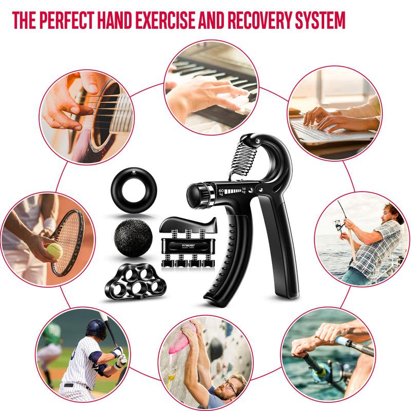 Adjustable Forearm Grip Handles, Stress Reducing Grip Balls, Finger Exercisers, Grip Rings and Finger Extender Exercise Kit for Different People (5-Pack)