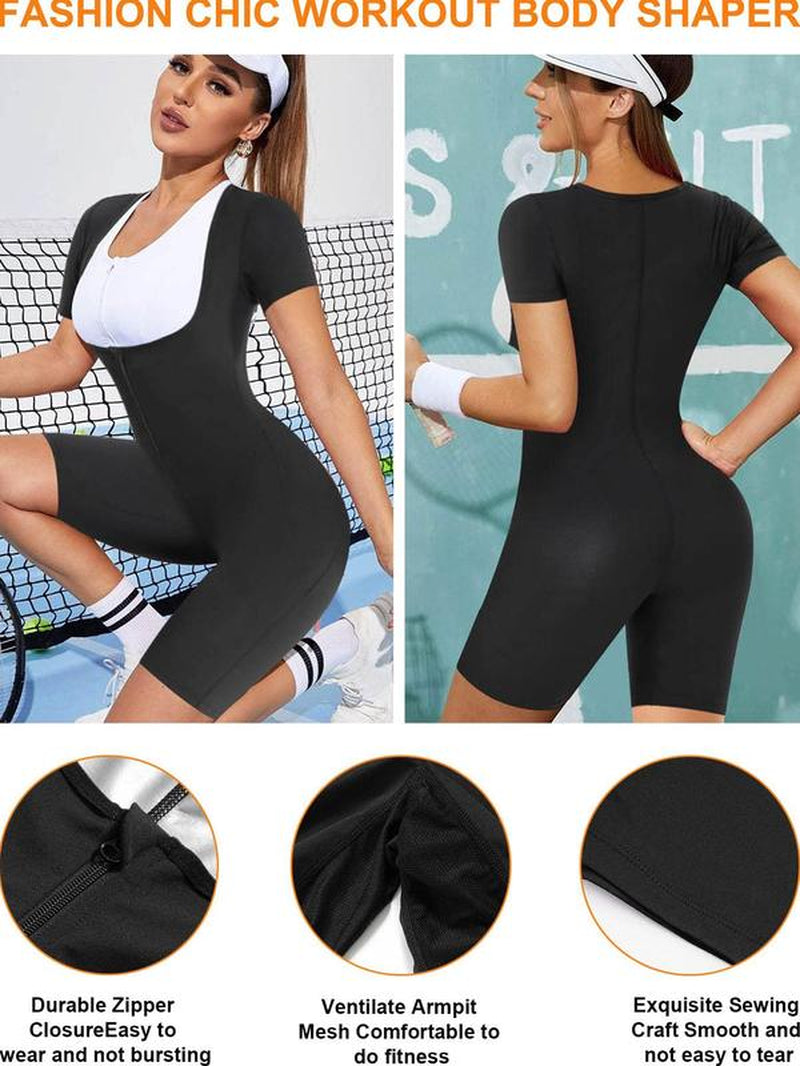 Women'S Plain Zip Front Open Bust Sports Tummy Control Romper, Workout Gym Yoga Exercise Sports Romper, Ladies Sportswear Clothing for Indoor Outdoor Wear
