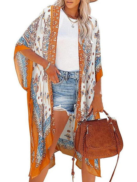 Women'S Ethnic Pattern Kimono, Boho Casual Open Front Cover up for Beach Vacation, Ladies Spring & Fall Gamis Clothes, Womenswear, Swimsuit for Women