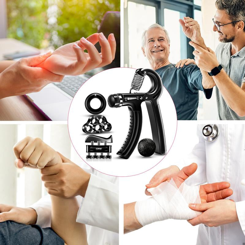 Adjustable Forearm Grip Handles, Stress Reducing Grip Balls, Finger Exercisers, Grip Rings and Finger Extender Exercise Kit for Different People (5-Pack)