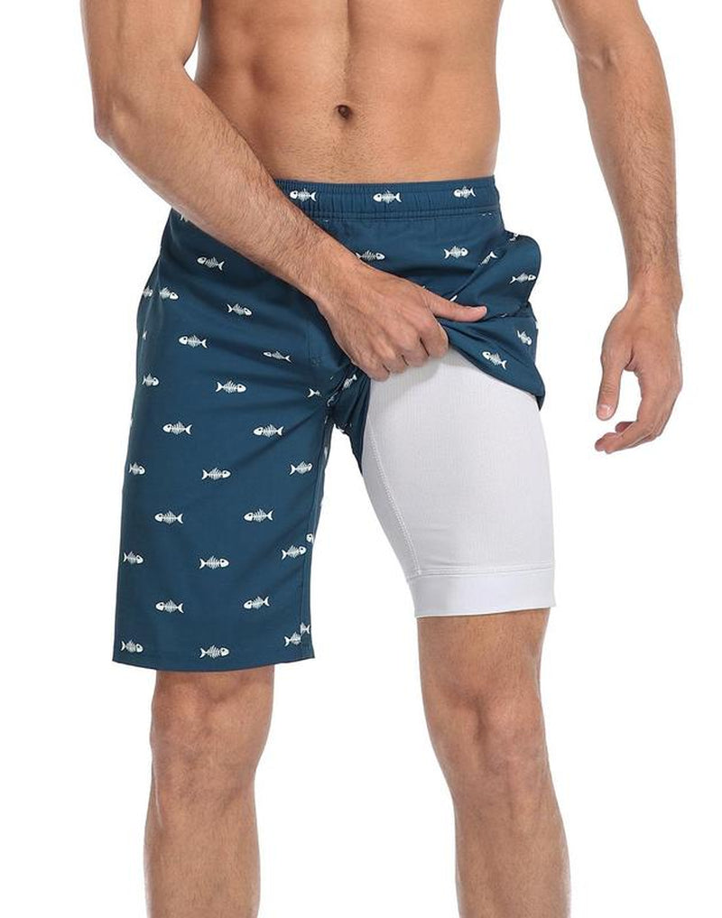 LRD Mens Printed 9" Swim Trunks with Compression Liner Activewear Beach