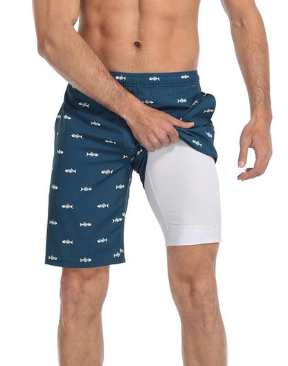 LRD Mens Printed 9" Swim Trunks with Compression Liner Activewear Beach