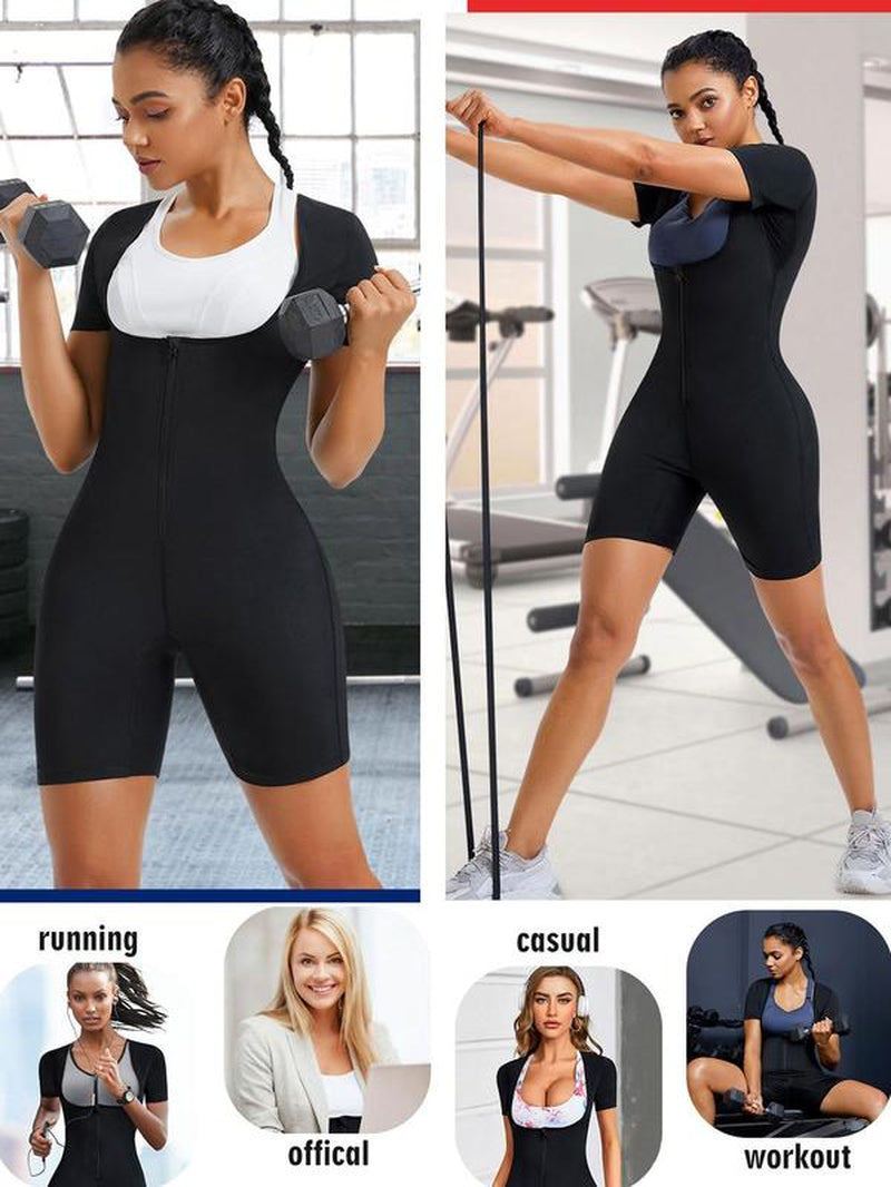 Women'S Plain Zip Front Open Bust Sports Tummy Control Romper, Workout Gym Yoga Exercise Sports Romper, Ladies Sportswear Clothing for Indoor Outdoor Wear