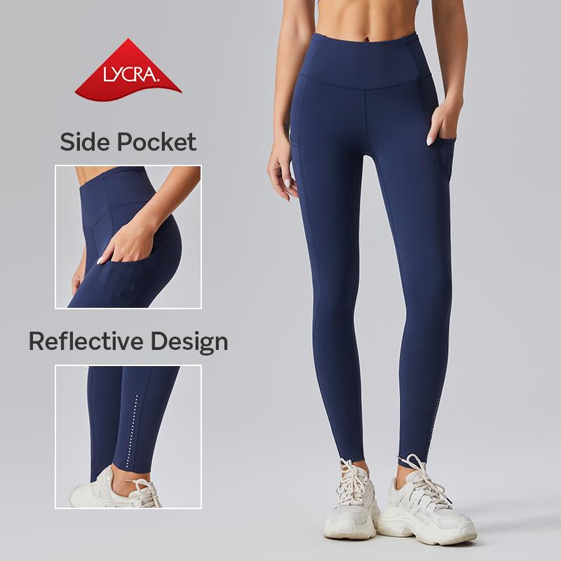 AFZ Women'S High Waisted Tummy Control Side Pocket Leggings Ladies Sportswear Moisture-Wicking Breathable Fabric & Reflective for Night Runs