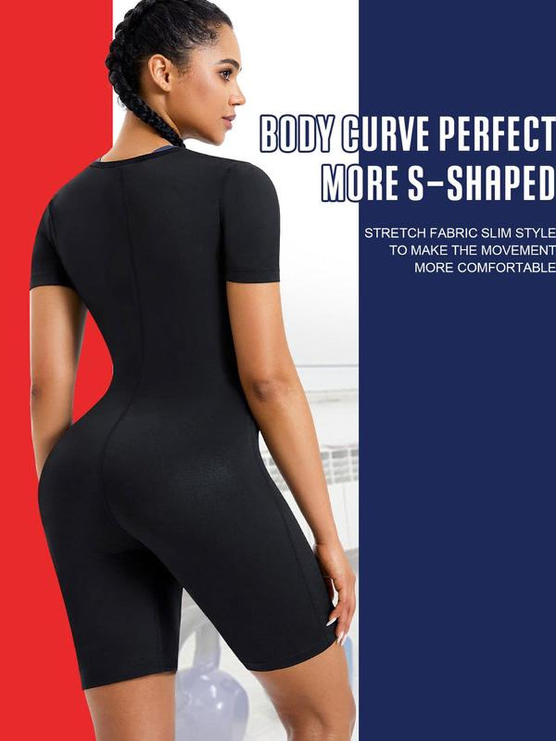 Women'S Plain Zip Front Open Bust Sports Tummy Control Romper, Workout Gym Yoga Exercise Sports Romper, Ladies Sportswear Clothing for Indoor Outdoor Wear